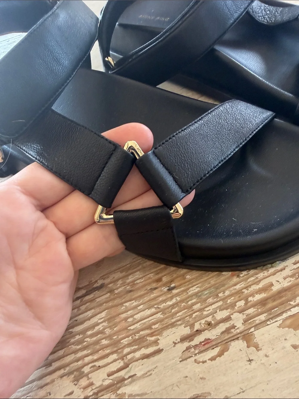 Anine Bing Black Leather Adjustable Strap Sandals with Gold Accents